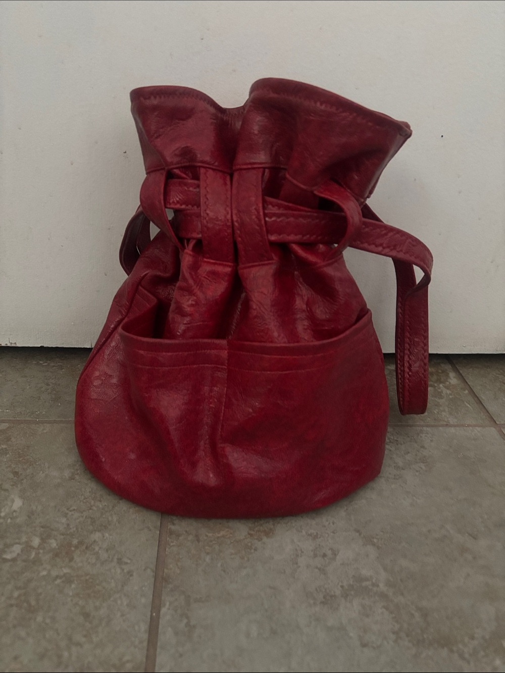 Compact Red Drawstring Mini Bucket Bag